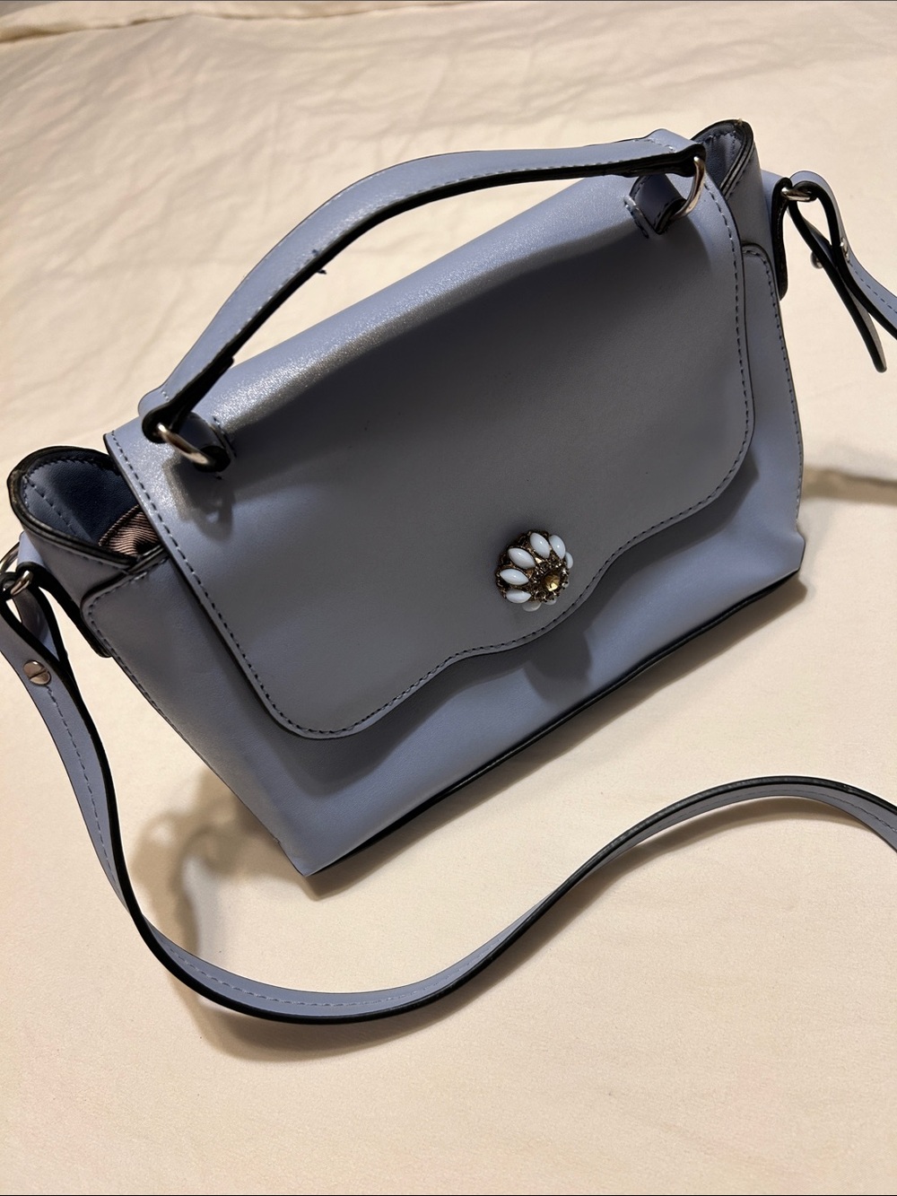 London Fog Light Blue Top-Handle Crossbody with Floral Jewel Clasp